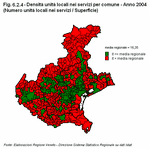Density of local units in the service sector per km2 (*), by municipality - Year 2004