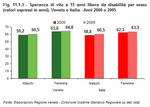 Disability-free life expectancy at the age of 15, by gender (figures in years). Veneto and Italy- Years 2000 and 2005 