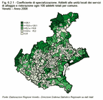 Specialisation coefficient. Workers in hotel and restaurant services per 100 workers by municipality. Veneto - Year 2008