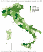 People aged over 100 (C) in Italian provinces (absolute values) - Year 2009
