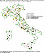 Territorial distribution of university seats and municipalities with at least one active course of study, per region - Italy - academic year 2009-2010
