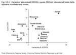 Variazioni percentuali 2005/00 e quota 2005 del fatturato sul totale delle industrie manifatturiere venete