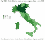 Unit di bovino adulto per kmq e regione. Italia - anno 2008