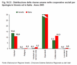 Distribution of human resources in social cooperatives by type in Veneto and Italy - Year 2005