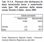 People who declare to be in good/very good and bad/very bad health (per 100 people in the same area). Veneto and Italy - Year 2005