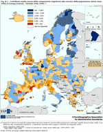 Average annual contribution of migration to population growth (base year 1995) in Europe (NUTS3) - Years 1996-1999  