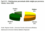 Percentage distribution of mountain dairy farms by province. Veneto. Year 2000