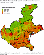 Percentage of breeding farms by municipality. Veneto Region - Year 2010