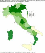 Percentage of people aged at least 14 (P) who maintain that their personal circumstances will improve over the next five years, by region. Italy - Year 2012