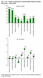 Quota e variazione percentuale annua delle imprese venete dei servizi - Anno 2006