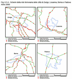 Schemi della rete ferroviaria delle citt di Zurigo, Losanna, Berna e Padova - Anno 2000     