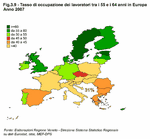 Tasso di occupazione dei lavoratori tra i 55 e i 64 anni in Europa - Anno 2007