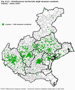Distribuzione territoriale degli stranieri residenti. Veneto - Anno 1997