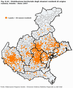 Distribuzione territoriale degli stranieri residenti di origine rumena. Veneto - Anno 2007