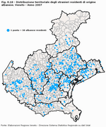 Distribuzione territoriale degli stranieri residenti di origine albanese. Veneto - Anno 2007