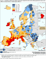 Contributo medio annuo della componente migratoria alla crescita della popolazione (base anno 2000) in Europa (Nuts3) - Periodo 2001-2005 