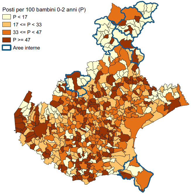 Servizi socio-educativi per la prima infanzia: posti autorizzati per 100 bambini 0-2 anni (P), per comune. Veneto � Anno 2024